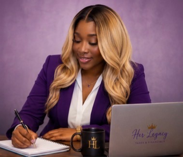 Bre Honeycutt, owner of Her Legacy Taxes & Financials, at her desk
